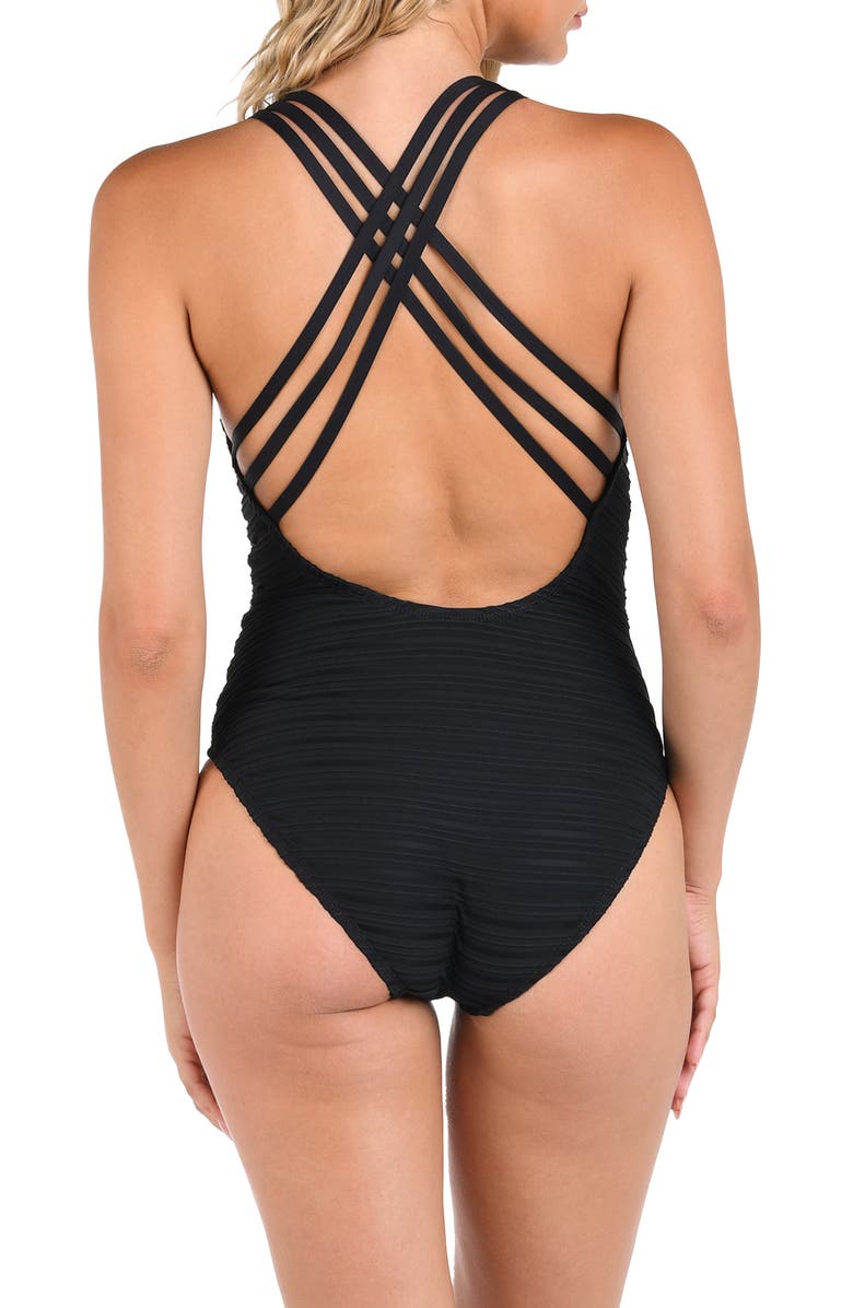 La Blanca Fluid Lines Cross Back One-Piece Swimsuit, Alternate, color, Black
