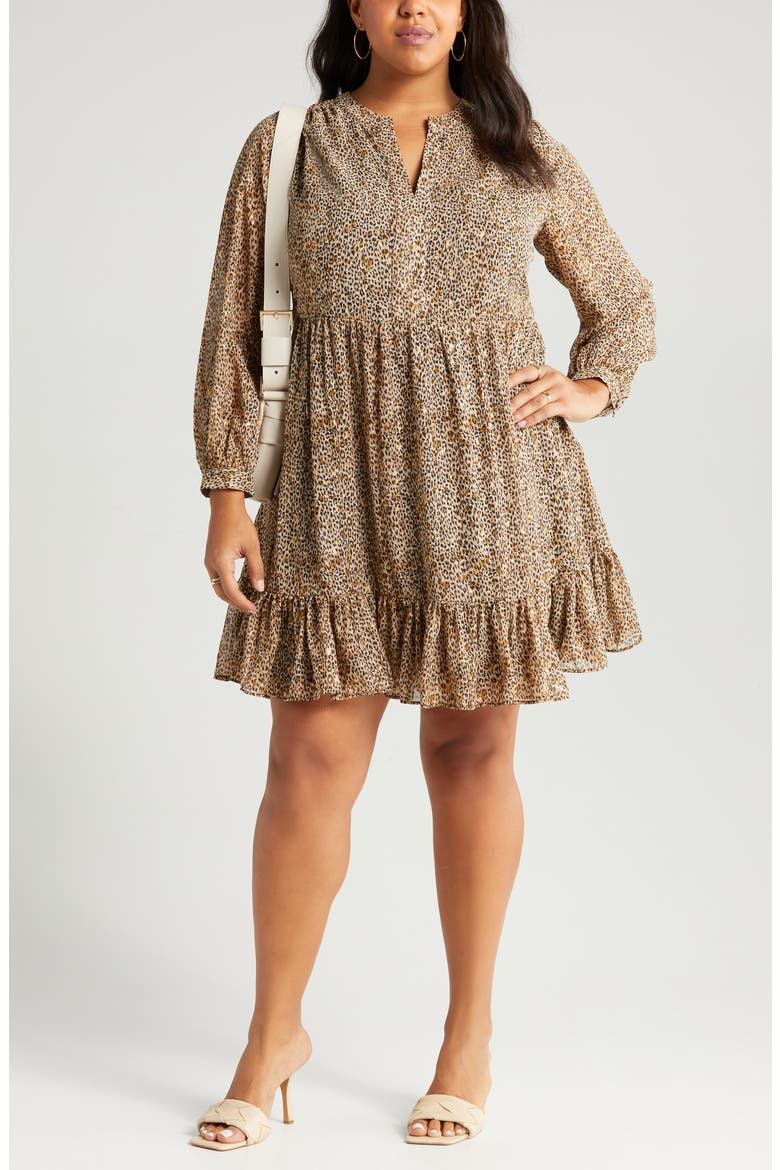 Leopard Print Ruffle Hem Long Sleeve Dress, Main, color, FOXTROT