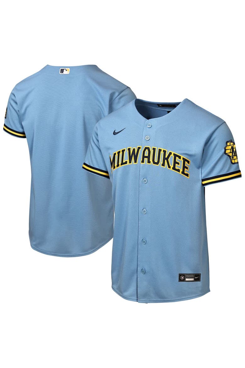 Youth Nike  Powder Blue Milwaukee Brewers Road Stadium Jersey, Main, color, Powder Blue