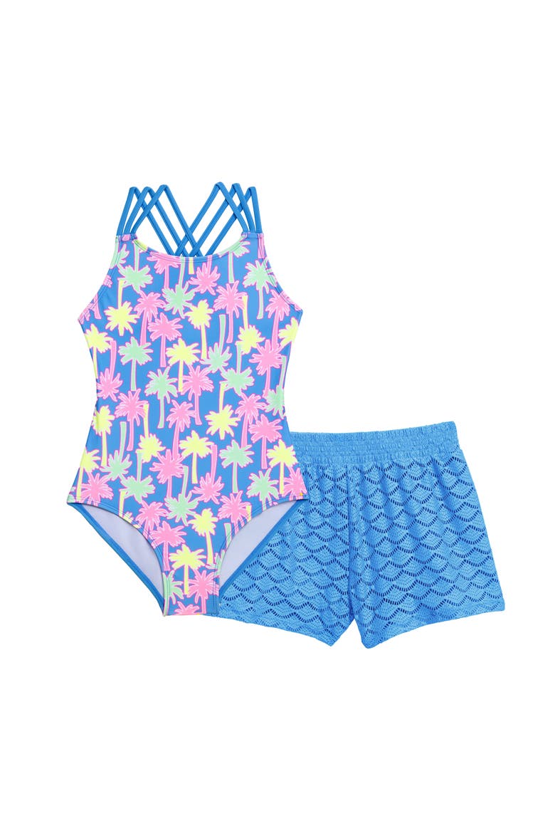 Girls Strappy One Piece Swimsuit with Crochet Short Coverup 2-Piece Set, Main, color, I Dream of Palm Trees
