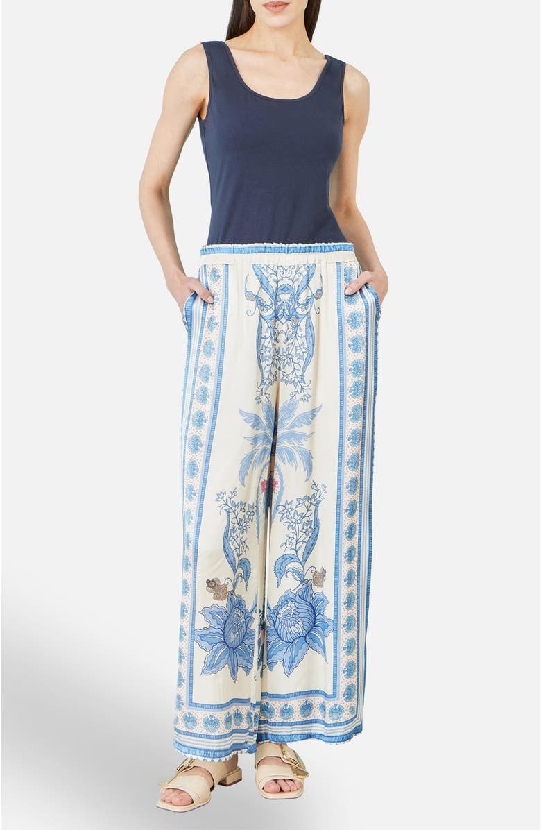 Yumi Satin Print Placement Relaxed Trousers, Alternate, color, Blue
