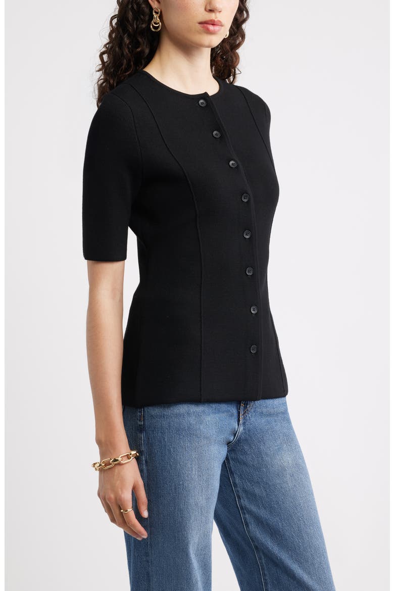 Crewneck Elbow Sleeve Cardigan, Alternate, color, BLACK