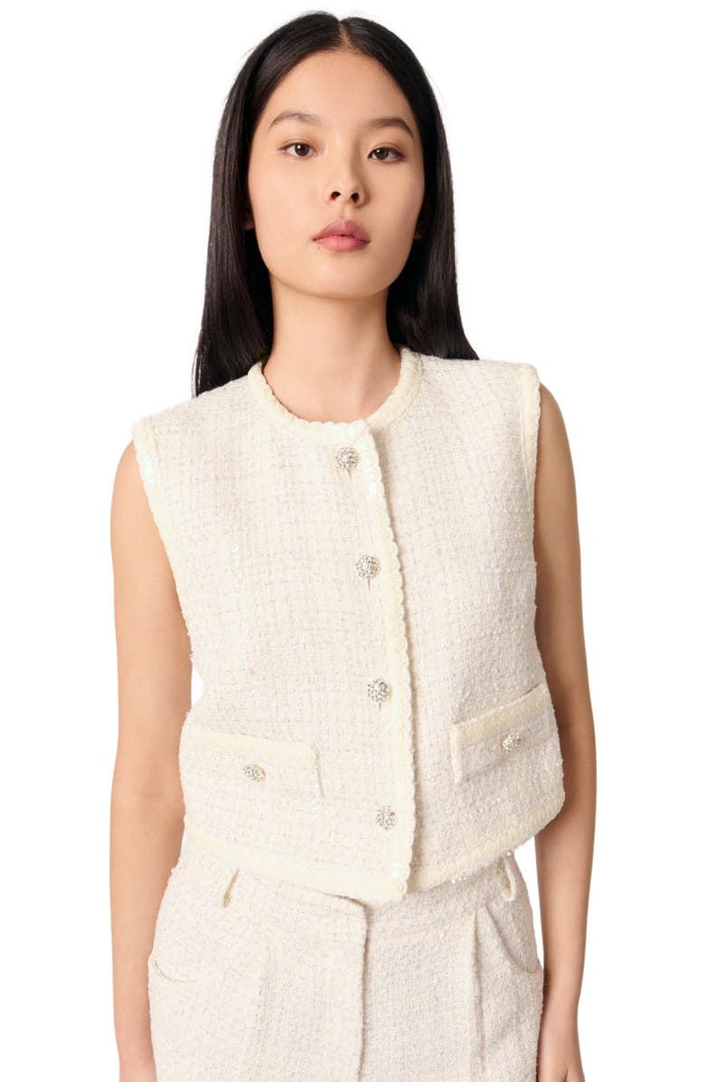 maje Sequin sleeveless tweed jacket, Alternate, color, Ecru