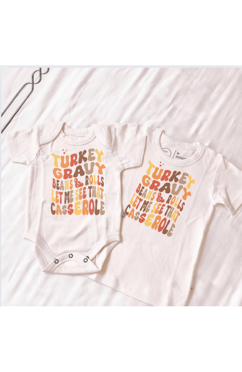 Finn + Emma Organic Baby Graphic Bodysuit | Turkey Gravy Casserole, Alternate, color, Off White