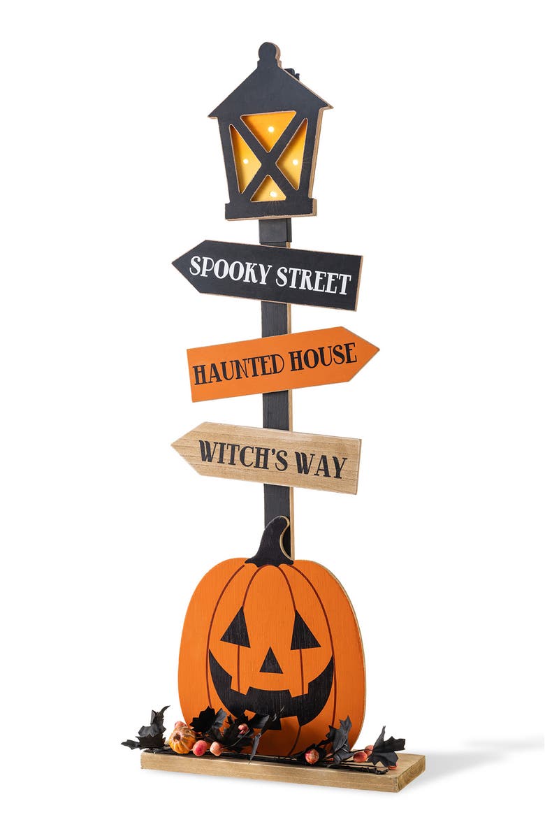Glitzhom Halloween Lighted Wooden Jack-O-Lantern Lamp Post Porch Decor with Timer, Alternate, color, Black