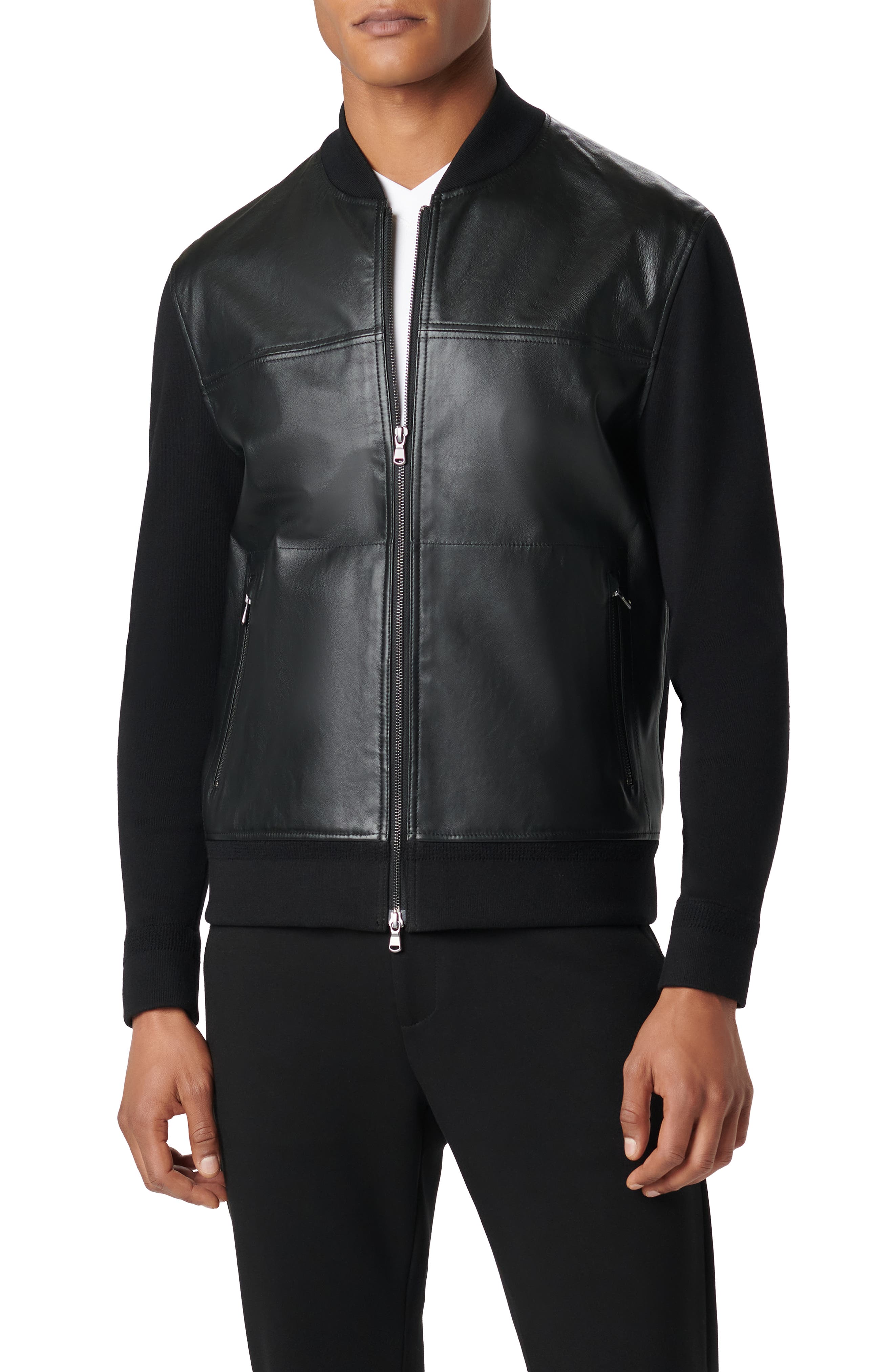 Leather Front Zip-Up Cotton & Cashmere Cardigan