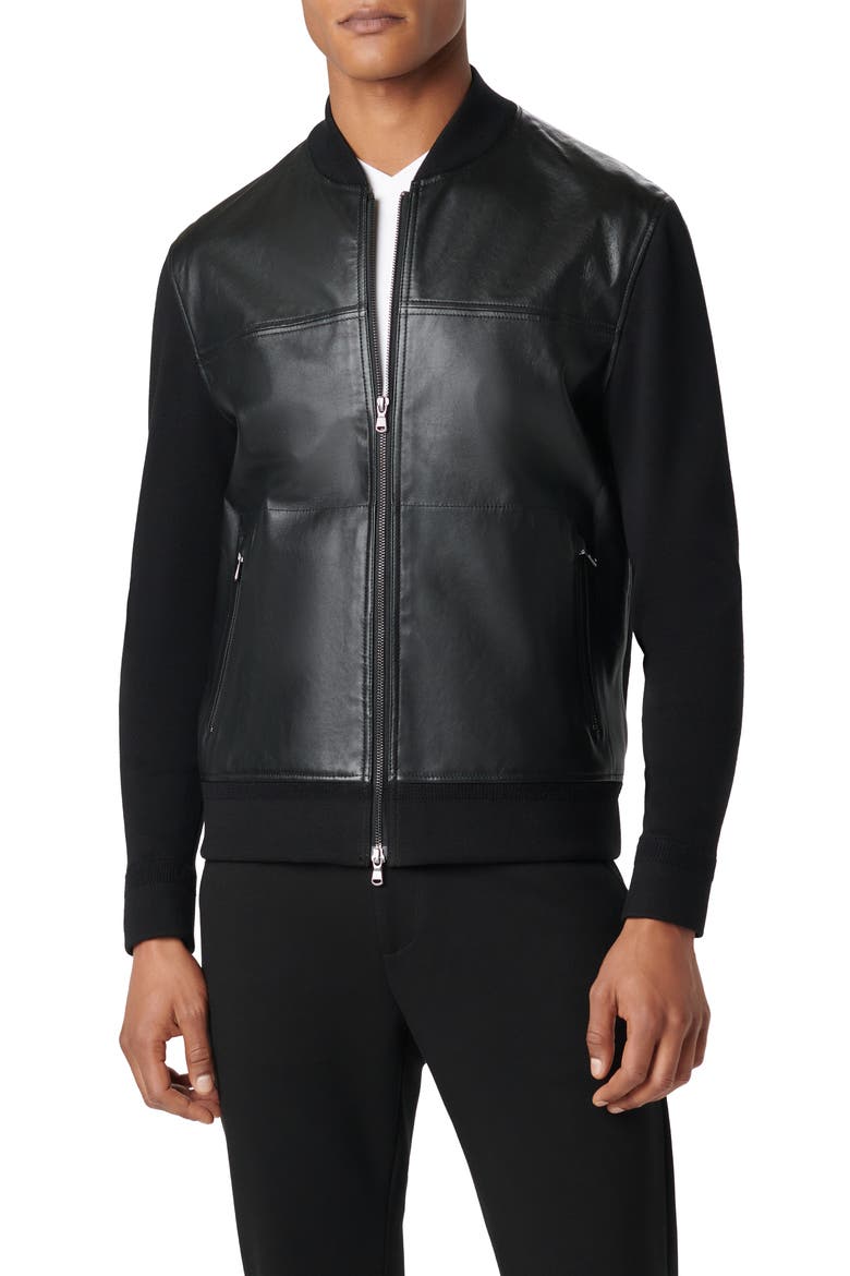 Leather Front Zip-Up Cotton & Cashmere Cardigan, Main, color, BLACK