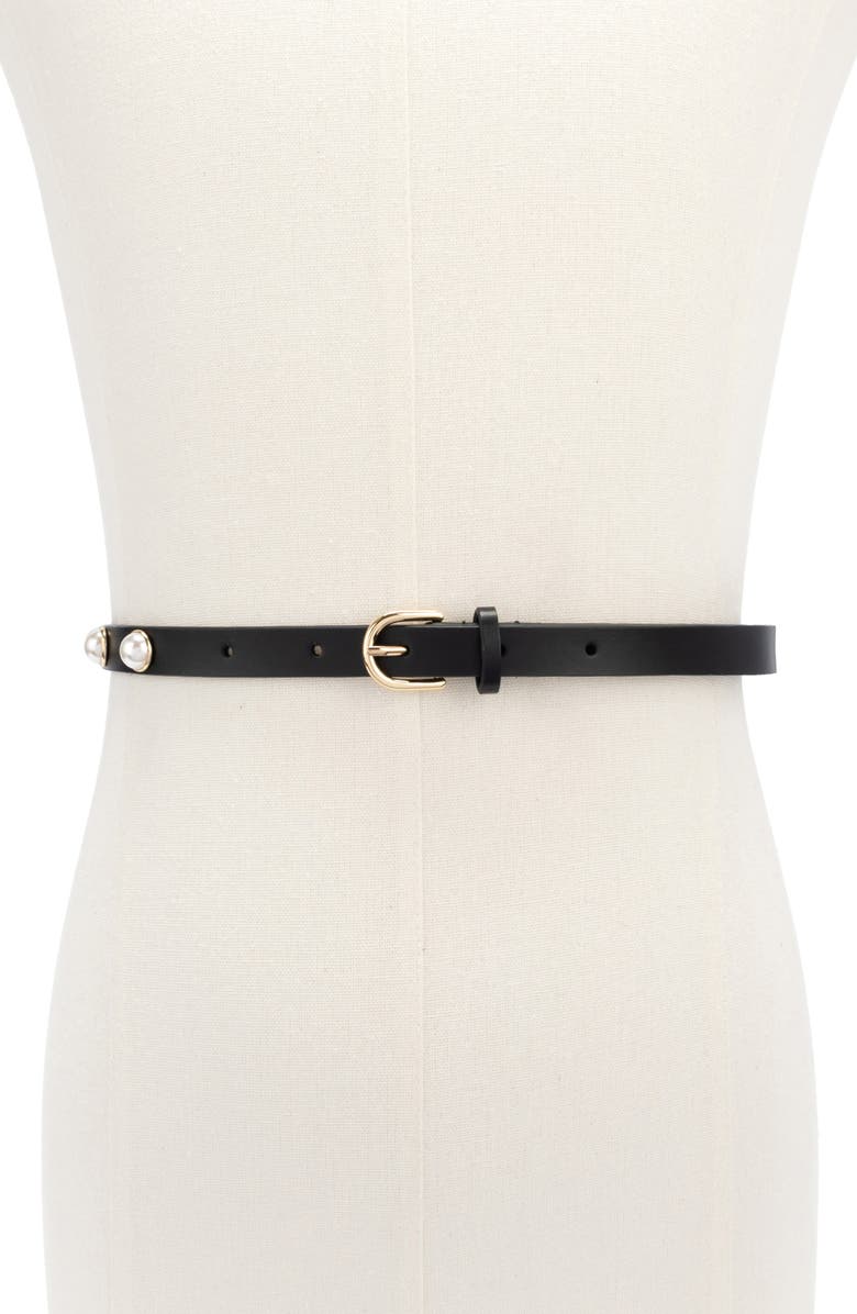 Kate Spade New York faux pearl stud leather belt, Alternate, color, Black