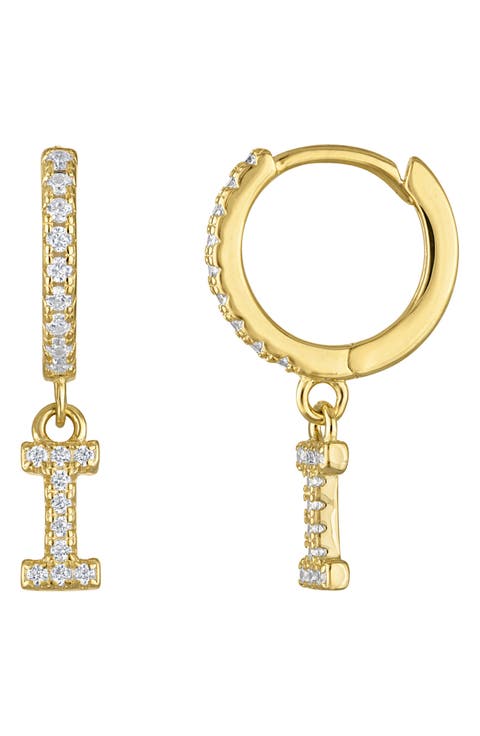 Pavé Cubic Zirconia Initial Huggie Drop Earrings