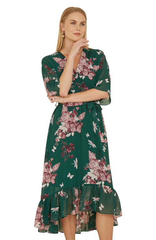 Yumi Floral Kimono Dipped Hem Dress In Green