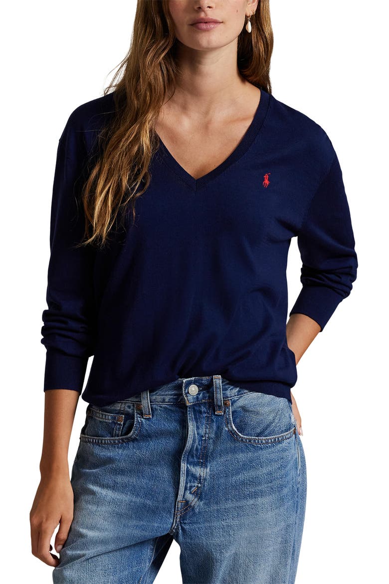 Relaxed Cotton V-Neck Sweater, Main, color, BRIGHT NAVY