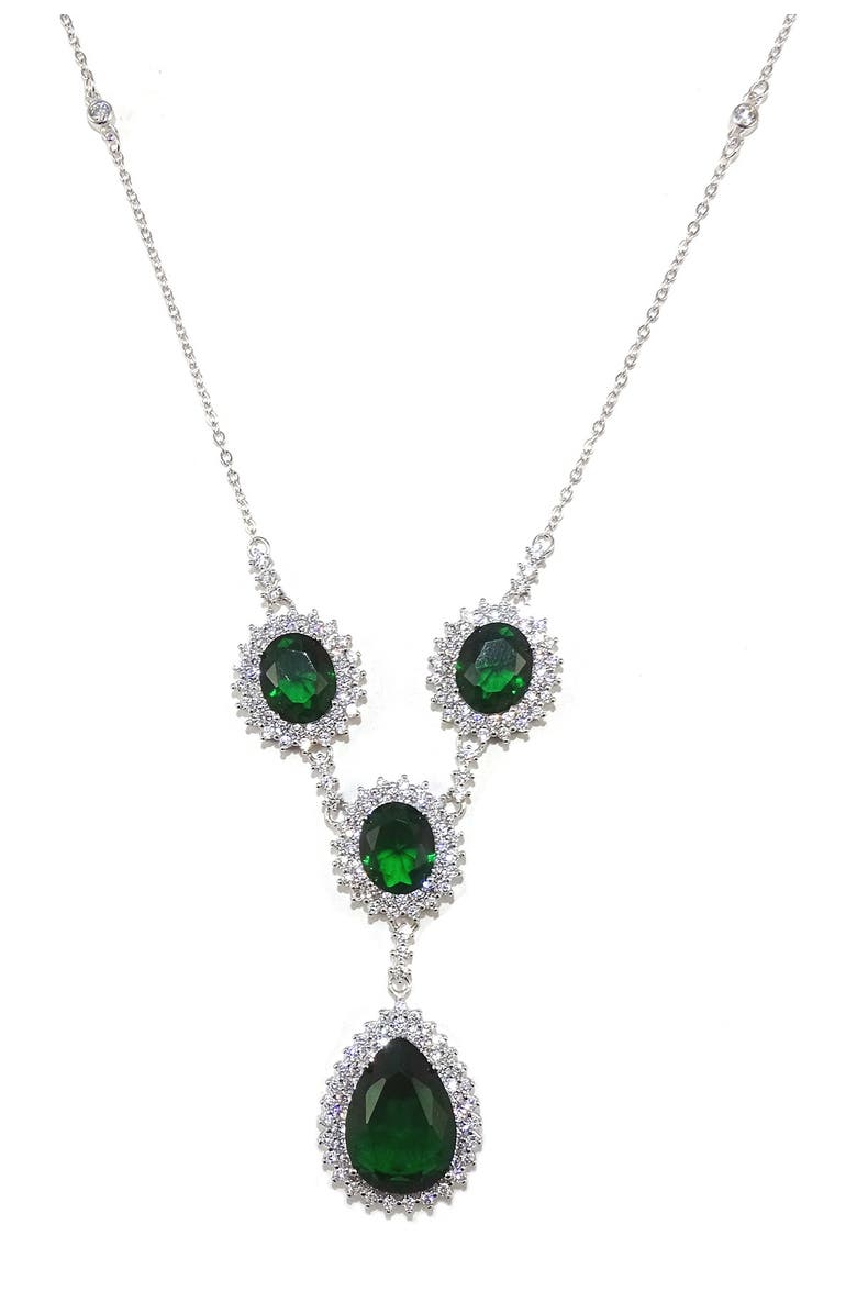 SAVVY CIE JEWELS Sterling Silver CZ Halo Lab Created Emerald Statement Necklace, Main, color,