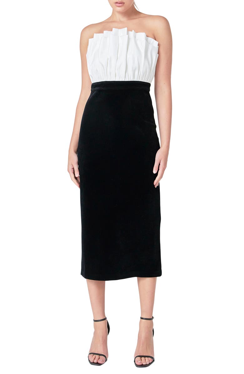 Endless Rose Strapless Mix Media Cocktail Midi Dress, Main, color, Ivory