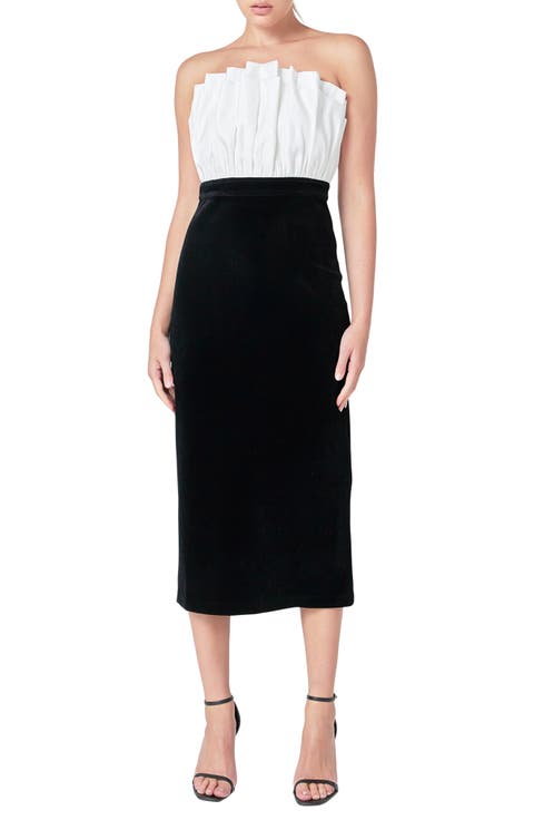 Strapless Mix Media Cocktail Midi Dress
