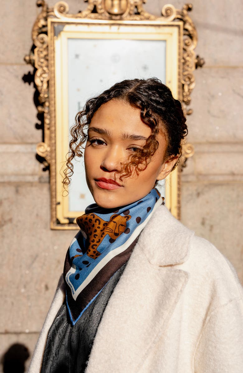 Jessie Zhao New York Double Sided Wool Silk Scarf Of Blue Leopards Garden, Alternate, color, Blue