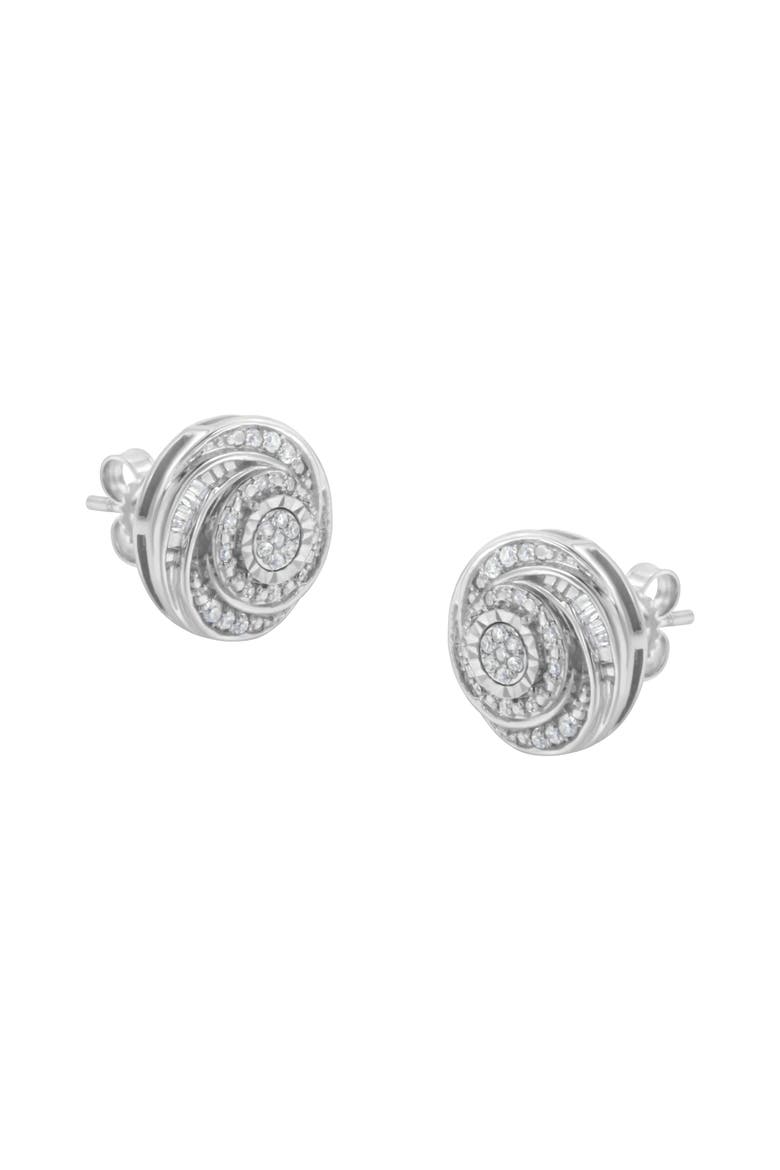 Silver 1/4 Ct Baguette and Round Diamond Swirl Love Knot Stud Earrings, Main, color, White