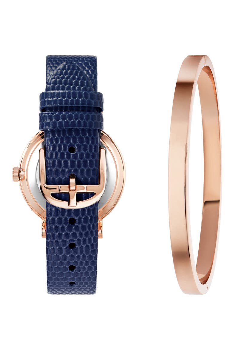 Phylipa Leather Strap Watch & Bangle Bracelet Set, 34mm, Alternate, color, ROSE GOLD/ BLUE/ BLUE
