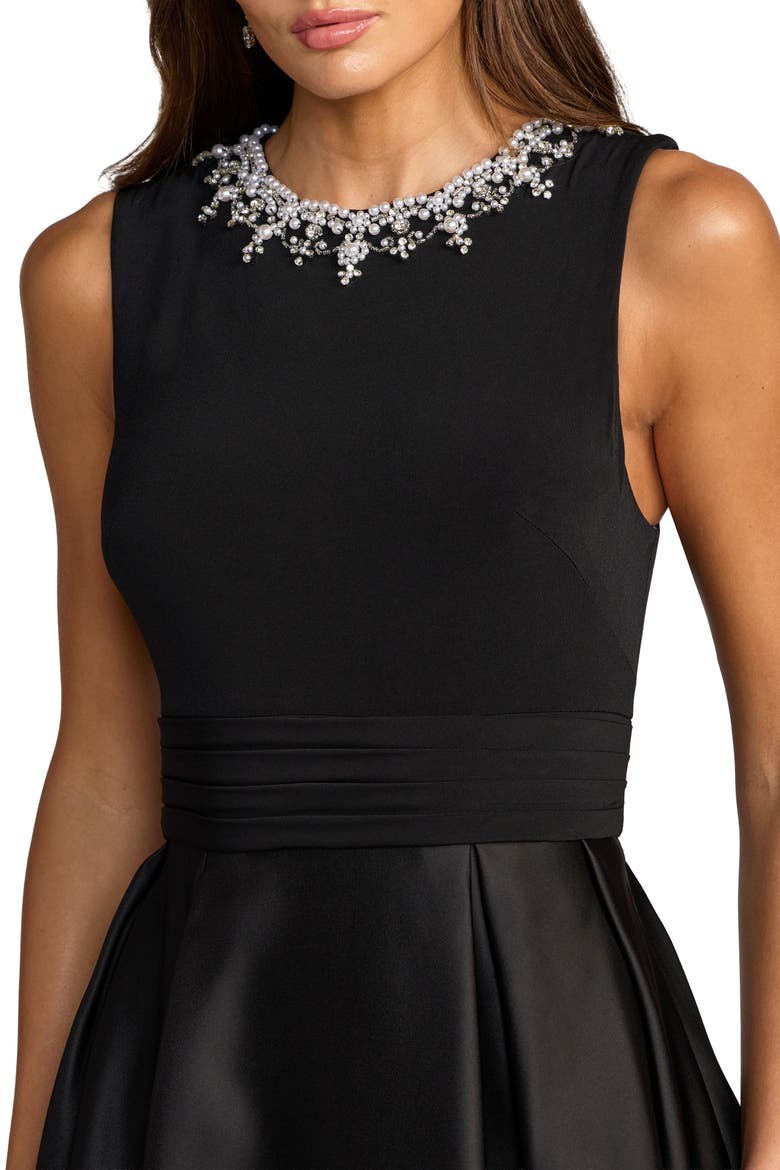 Petite Pearl-Embellished High-Neck Sleeveless A-Line Evening Gown, Alternate, color, Black