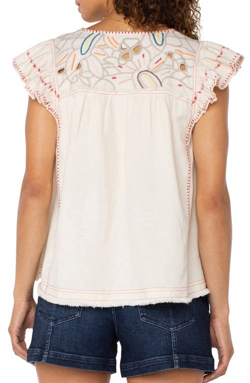 Liverpool Los Angeles Flutter Sleeve Top In Bone W/multi Embroidered