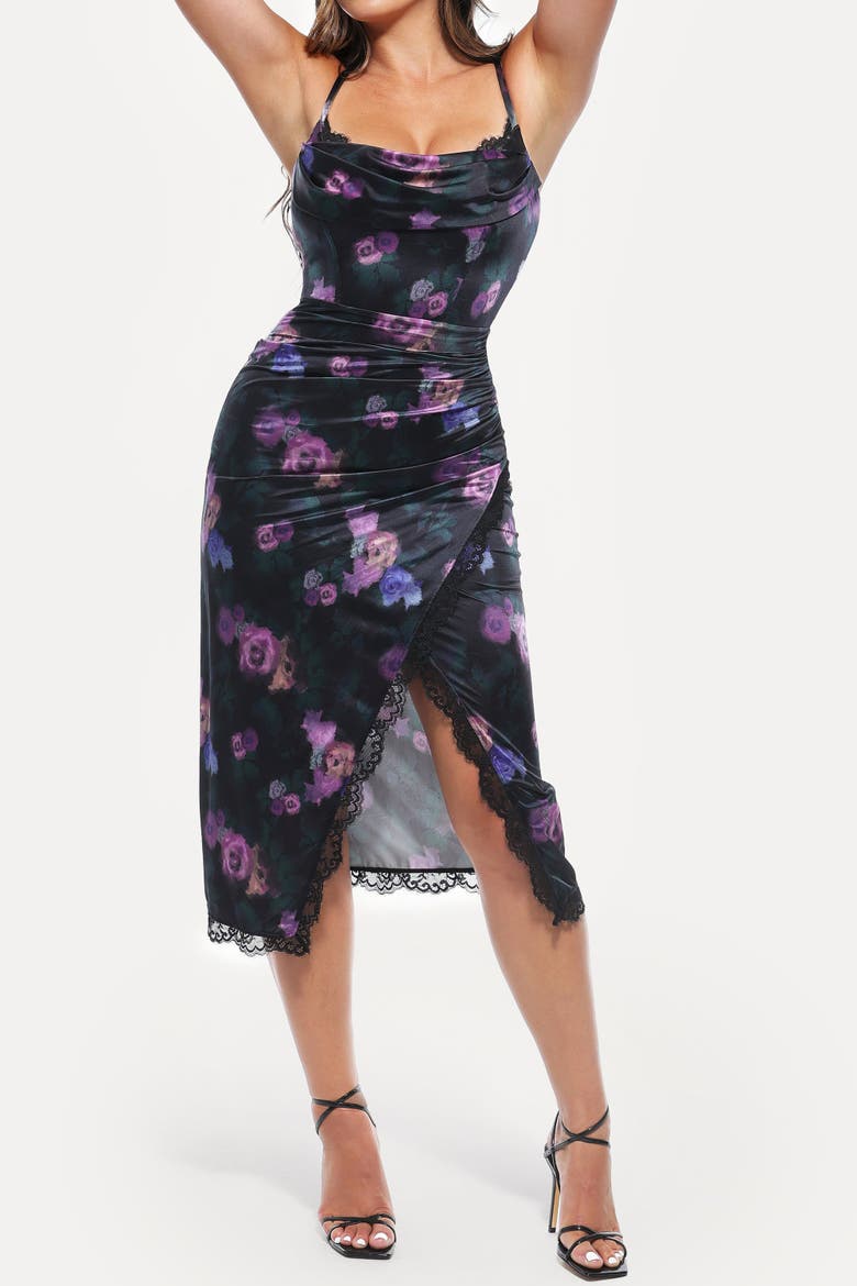 Resort-Ready Lace Trim Sculpting Floral-Print Midi Shaper Dress, Alternate, color, Nocturne Floral
