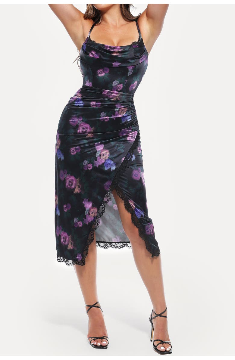 Popilush Resort-Ready Lace Trim Sculpting Floral-Print Midi Shaper Dress, Alternate, color, Nocturne Floral