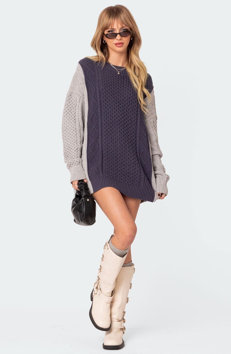 EDIKTED Two-Tone Cable Stitch Long Sleeve Mini Sweater Dress, Alternate, color, Navy-And-Gray