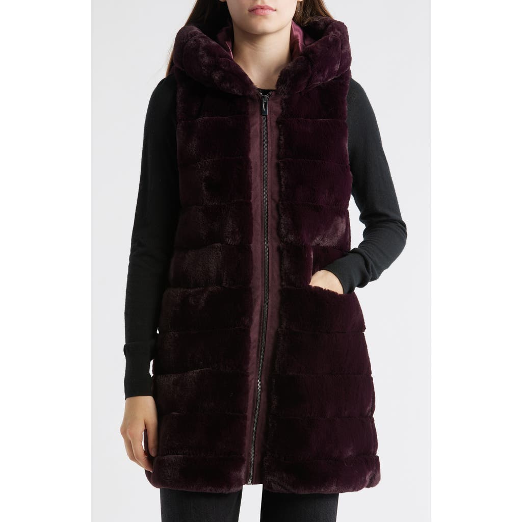 Via Spiga Hooded Quilted Faux Fur Vest in Burgundy  product