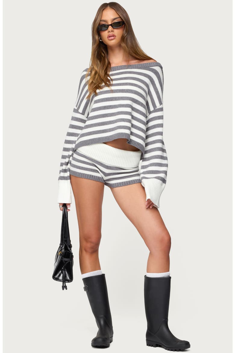 Saphi Stripe Off the Shoulder Sweater, Alternate, color, GRAY-AND-WHITE