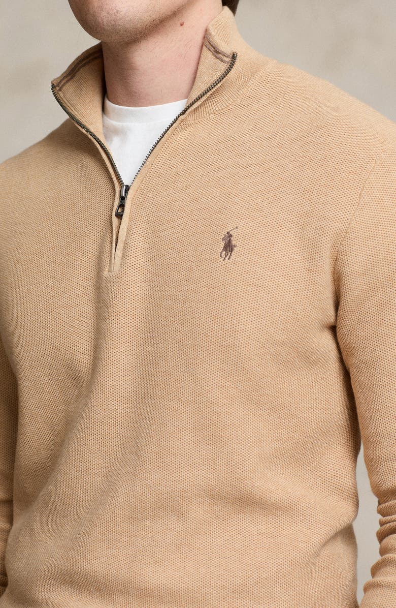 Polo Ralph Lauren Mesh Knit Cotton Quarter Zip Sweater, Alternate, color, Camel Melange