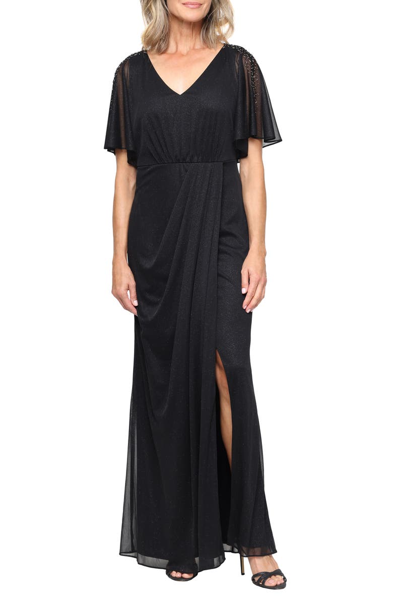 SL FASHIONS Beaded Glitter Mesh Gown, Main, color, Black