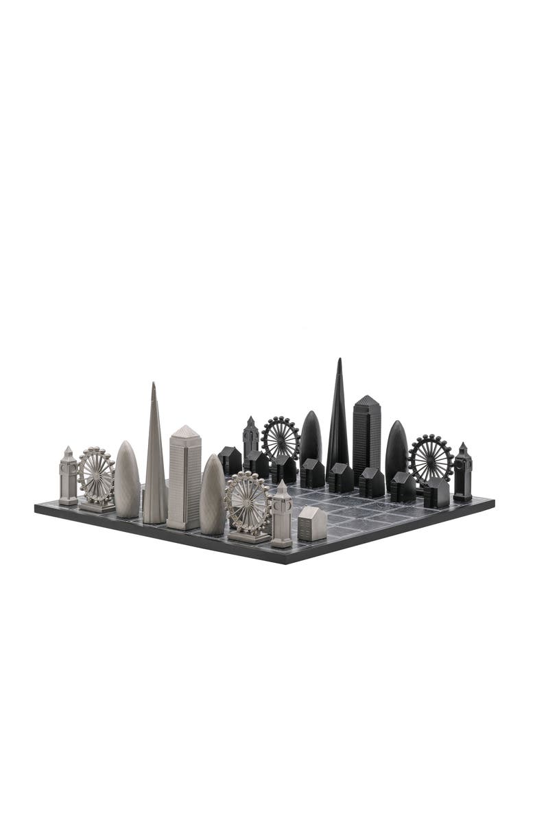 SKYLINE CHESS Chess Set Stainless Steel LONDON with London Map Board, Main, color, Black