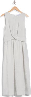 Ellen Tracy Striped Seersucker Twist Detail Midi Dress