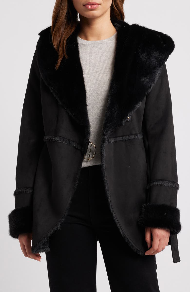 Via Spiga Faux Shearling Hooded Coat, Alternate, color, 