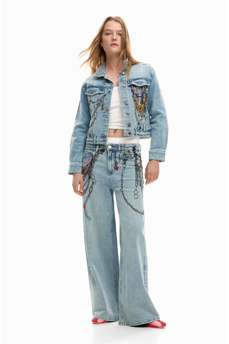 Chain Embellished Wide Leg Jeans, Alternate, color, MEDIUM BLUE