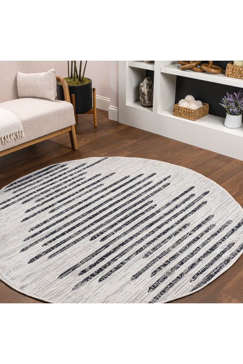 Zolak Berber Stripe Geometric Indoor/Outdoor Round Area Rug, Main, color, Ivory/Black