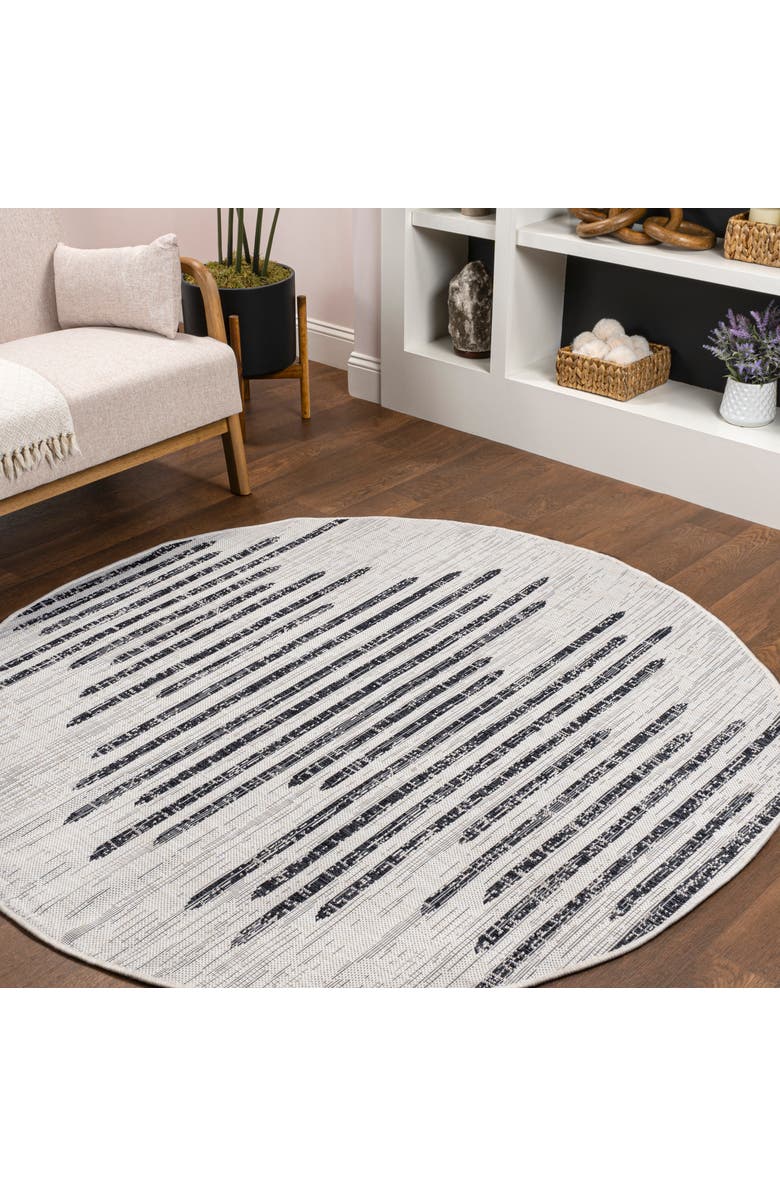 JONATHAN Y Zolak Berber Stripe Geometric Indoor/Outdoor Round Area Rug, Main, color, Ivory/Black