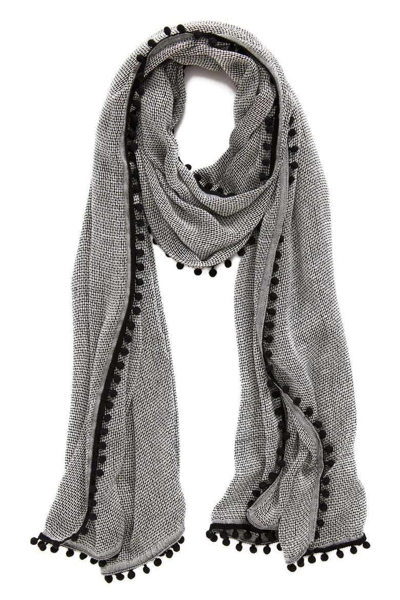 Halogen Pompom Trim Scarf, Main, color, BLACK/ IVORY PRISTINE