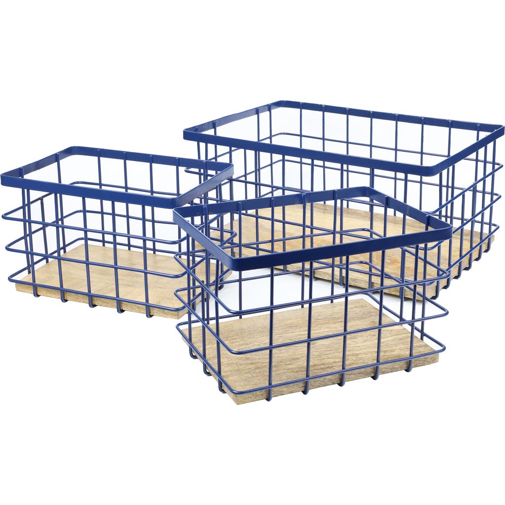 Happimess Evvie Vintage Farmhouse Handmade Wire Metal Nesting Storage Baskets With Wood Base In Blue