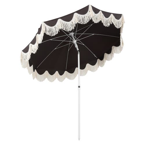 Jonathan Y Mariner 6.5 Ft. Classic Cottage Fringe Tassel Market Beach Umbrella With Push Button Tilt In Brown