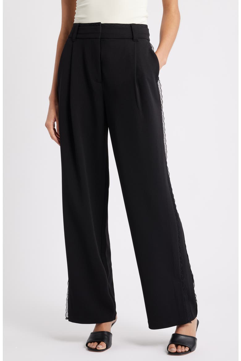 Ultra Skyrise Lace Trim Straight Leg Pant, Main, color, BLACK