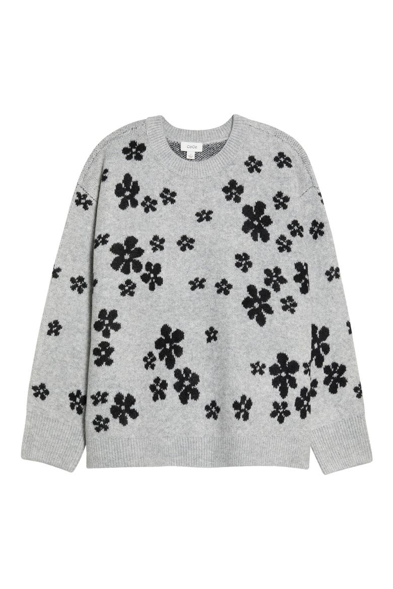 Flower Long Sleeve Crewneck Sweater, Alternate, color, LIGHT HEATHER GREY