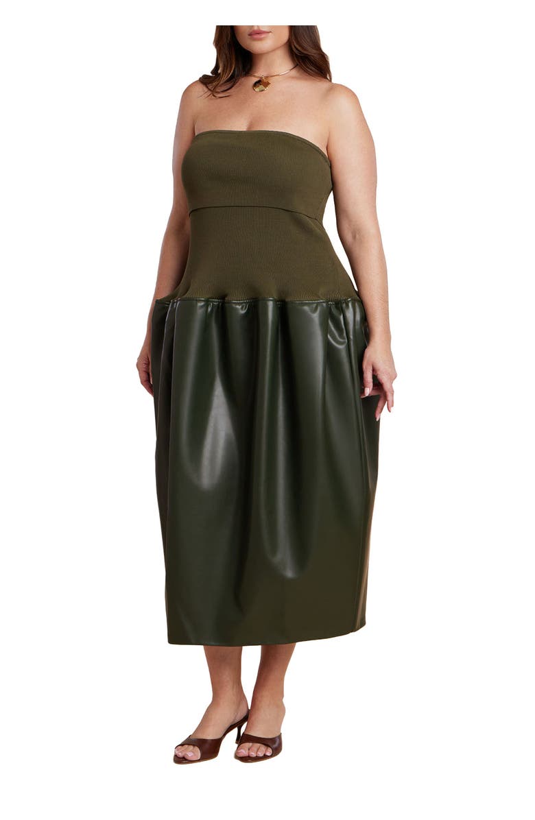 ELOQUII Faux Leather Sweater Mixed Dress, Main, color, Dark Olive Green