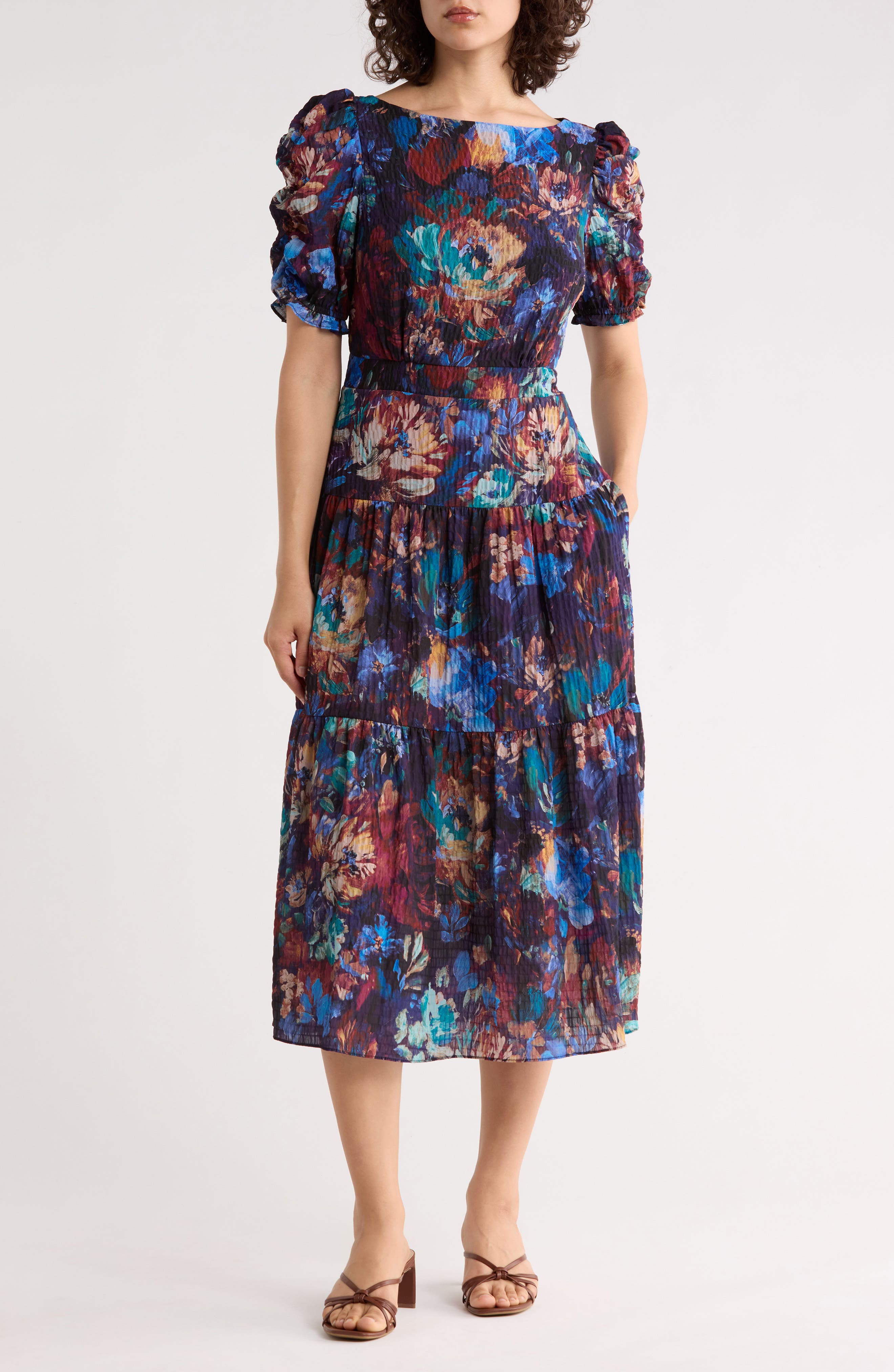Floral Puff Sleeve Tiered Midi Dress