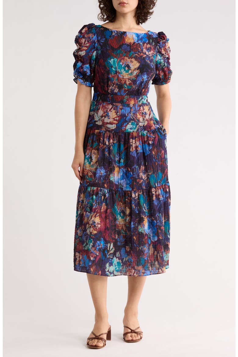 Floral Puff Sleeve Tiered Midi Dress, Main, color, BLUE MULTI