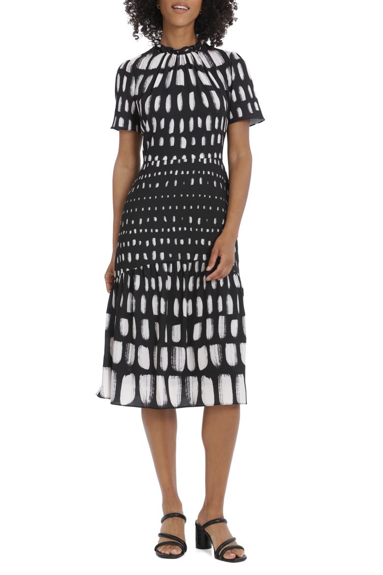 Ruffle Neck Tiered Midi Dress, Main, color, BLACK/ IVORY