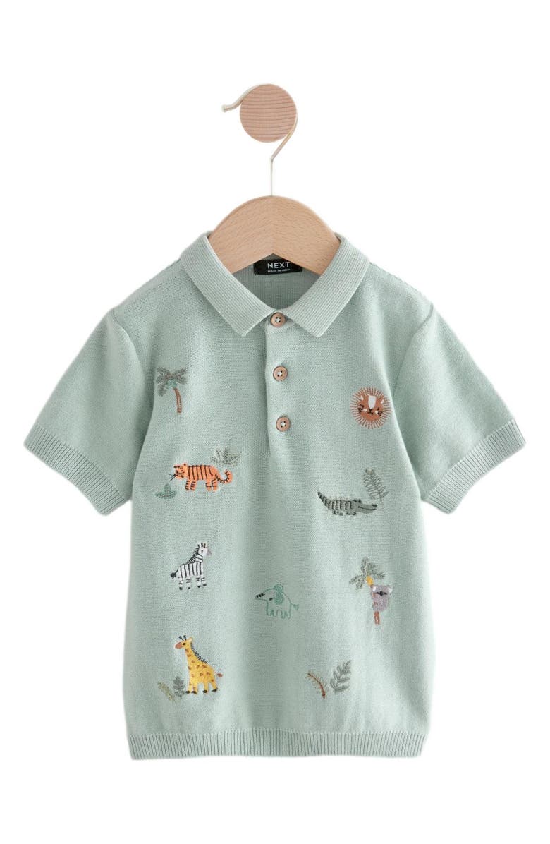 NEXT Kids' Embroidered Animal Knit Polo, Main, color, Mineral Blue