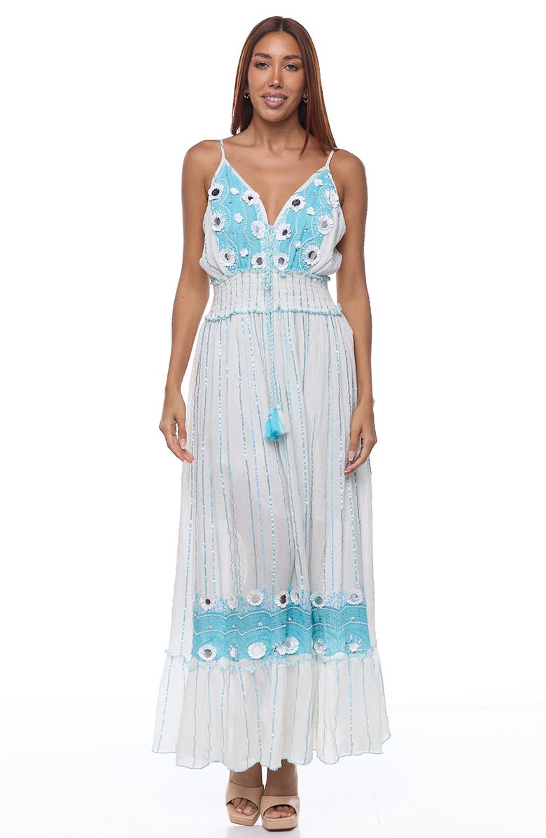 RANEES Embellished Cotton Cover-Up Maxi Dress, Alternate, color, White/ Blue