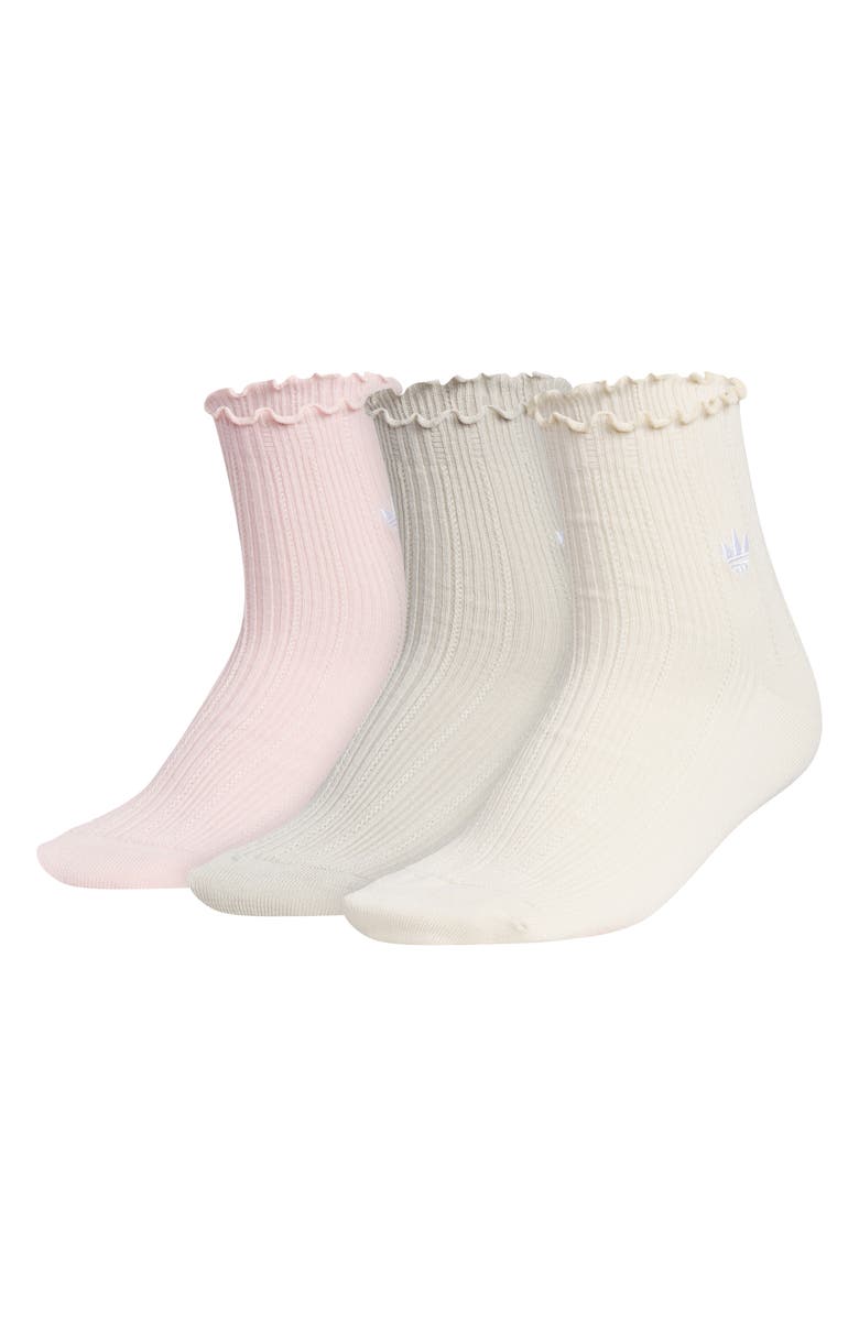 adidas Assorted 3-Pack Ruffle Rib Ankle Socks, Main, color, Sandy Pink/Grey/ White
