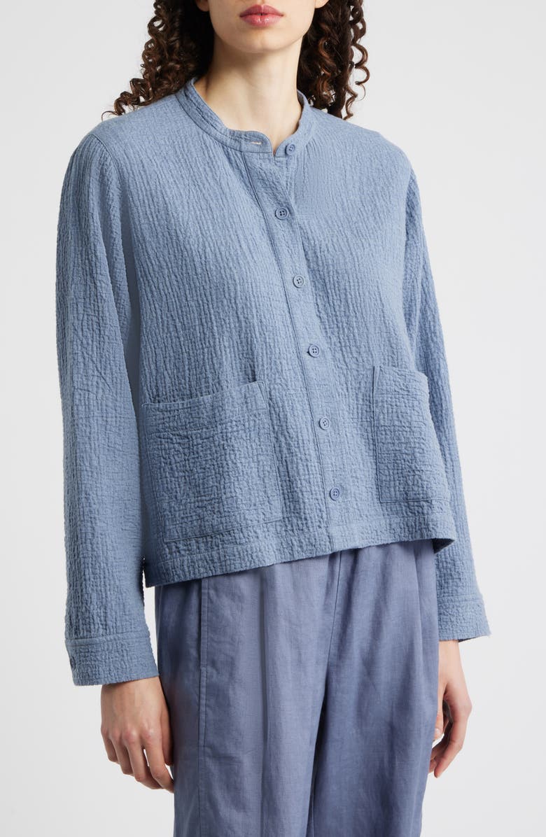 Eileen Fisher Mandarin Textured Stretch Organic Cotton Shirt Jacket, Alternate, color, Haze