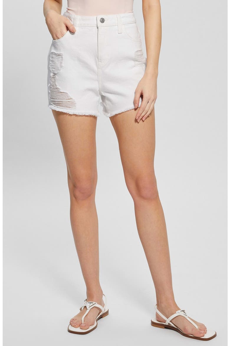 Distressed Cutoff Denim Shorts, Main, color, PURE WHITE MULTI